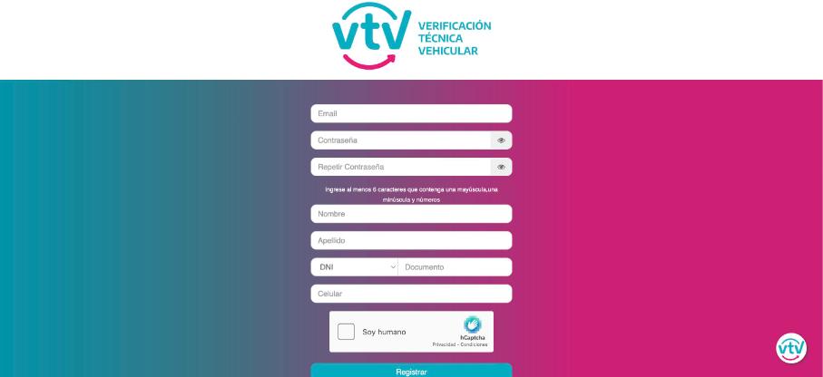 Formulario de registro del portal de turnos VTV